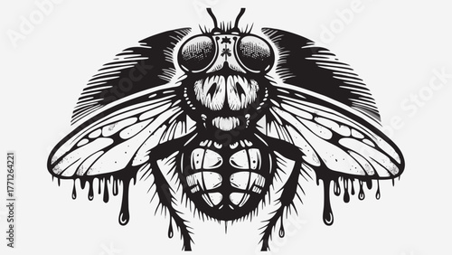 Intricate fly artwork with dripping details, perfect for edgy designs and unique artistic expressions.