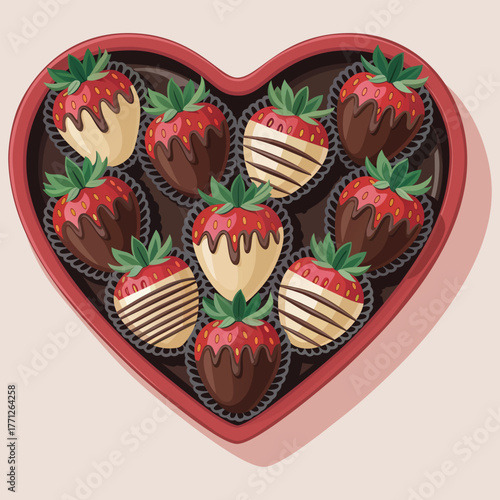 Heart-Shaped Box of Chocolate Covered Strawberries | Romantic Dessert Illustration for Valentine’s Day