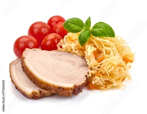 Sliced roast pork with tomatoes, sauerkraut and fresh basil. A colorful, appetizing, isolated food composition on white