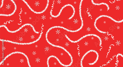 Festive red background with white tinsel garland and snowflake pattern