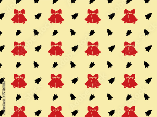 Festive seamless Christmas pattern with red jingle bells and black bell silhouettes on a cream background