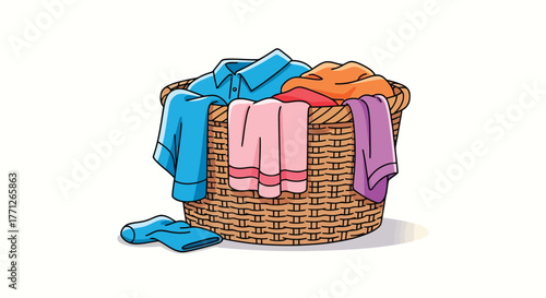 Wicker laundry basket filled with colorful clothes and towels