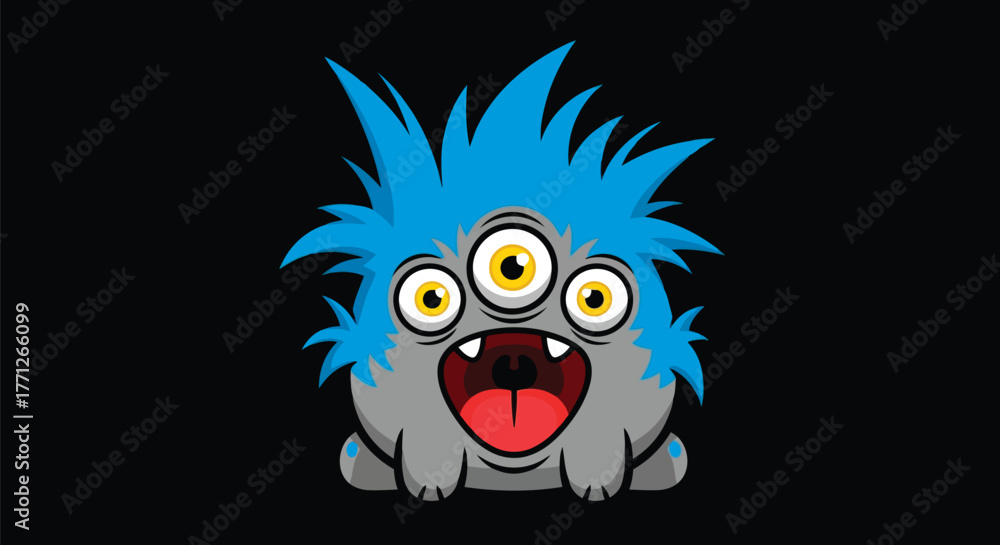 Fototapeta premium A cute, fluffy blue monster with three eyes and an open mouth