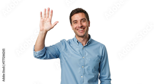 Smiling man waving hello on white background in a friendly manner