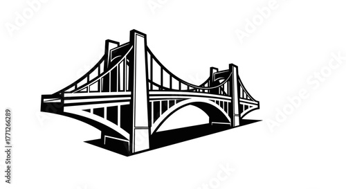 Striking Black and White Illustration of a Suspension Bridge with Architectural Design