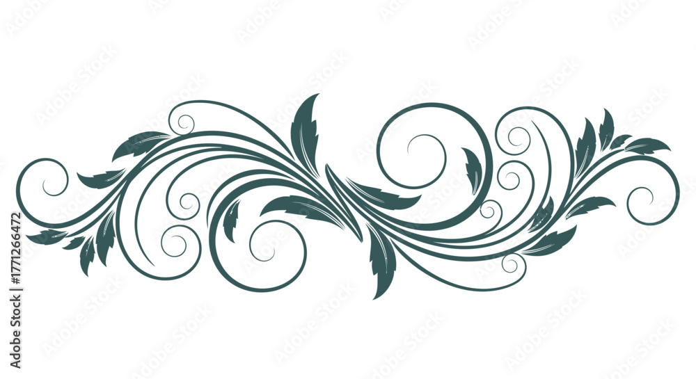 Fototapeta premium Elegant teal floral ornament with swirls and leaves on a white background design element