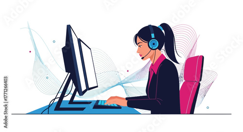 Professional Customer Service Representative Works On A Computer With Headset In Office