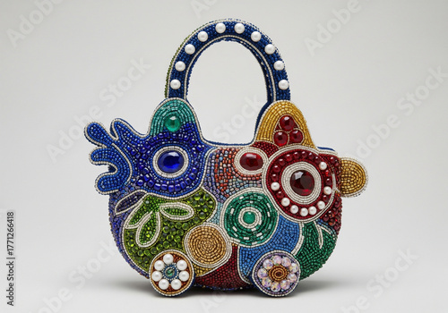 Vibrant Beaded Artisan Handbag with Abstract and Whimsical Animal Design
