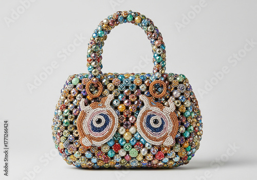 Whimsical Beaded Handbag with Large Embroidered Eye Design on White Background