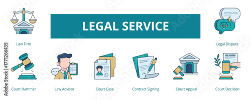 Legal Service Lineal Color Banner Web Icon Set Vector Illustration