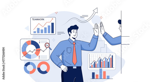 Business Success Manifested Through Collaboration, Charts, and Financial Growth, Illustrated