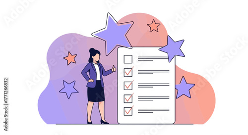 Businesswoman Approves Checklist, Achieving Goals And Celebrating Success With High Ratings