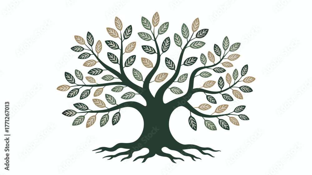 Obraz premium A detailed illustration of a tree with many leaves, symbolizing growth, nature, and the interconnectedness of life in a natural setting