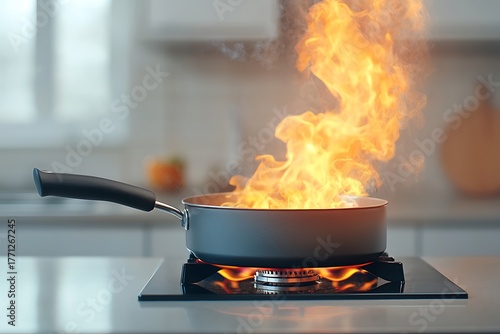 Flame Erupting from Pan on Gas Stove in Modern Kitchen Setting with Bright Background