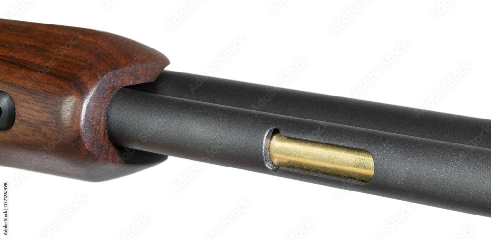Obraz premium Loading port on the tube magazine for a lever action rifle with wood stock
