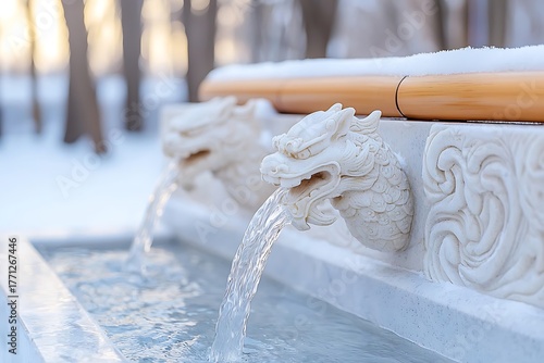 Intricate Dragon Sculpture Spouting Water in a Serene Winter Landscape with Soft Lighting