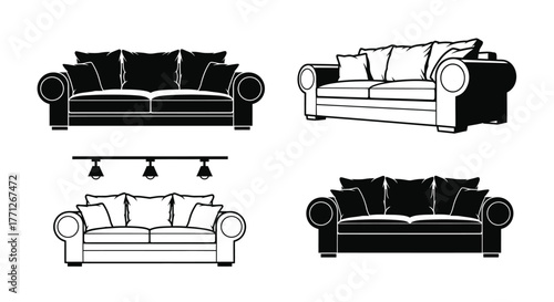 Black and white illustrations showcase various sofa designs and a light fixture