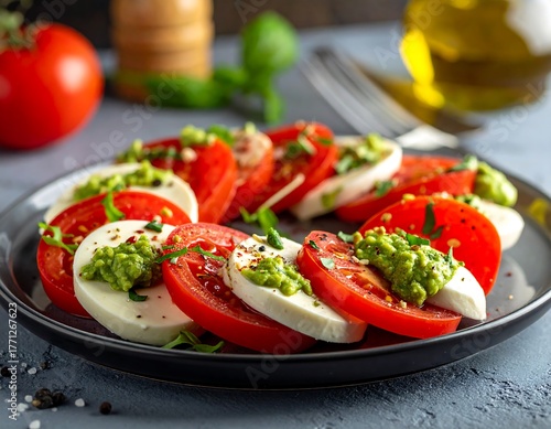 Sliced tomatoes and mozzarella cheese with pesto drizzled on a plate. Olive oil and basil in the background