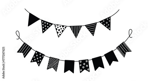 Black and white bunting flags hanging in a decorative arrangement