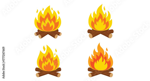 Four cartoon images of burning campfires with wooden logs below
