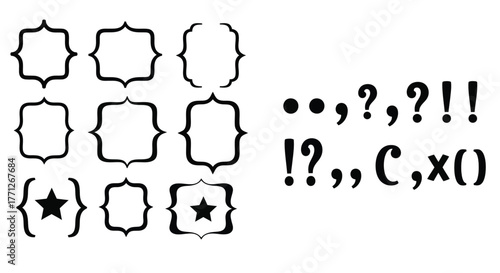 Collection of ornate frames punctuation marks and decorative symbols in black