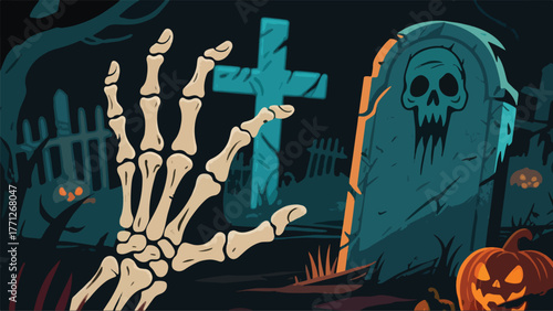 Skulls in the Graveyard Scary Halloween Night Illustrator Artwork Banner Background Design Template 