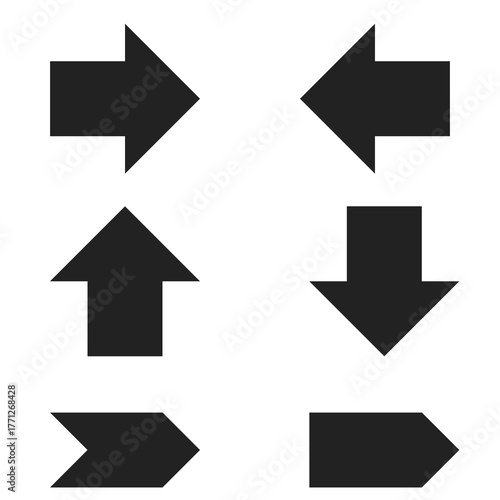 Set of various directional arrows in black, indicating different movements and orientations for web design
