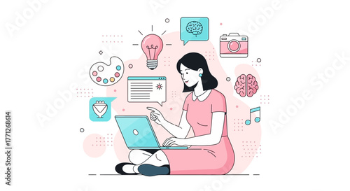 Creative Professional Working On Laptop With Artistic Elements And Brainstorming Ideas