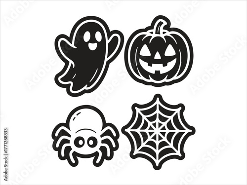Halloween sticker set with cartoon ghost pumpkin spider web 