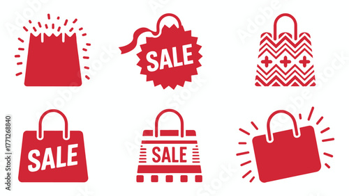 A collection of red sale bag icons, , perfect for advertising retail promotions and shopping events, conveying a sense of urgency and excitement for discounts and special offers