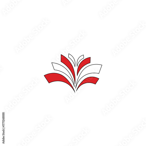 Abstract open book logo with red and white pages stylized like a blooming flower