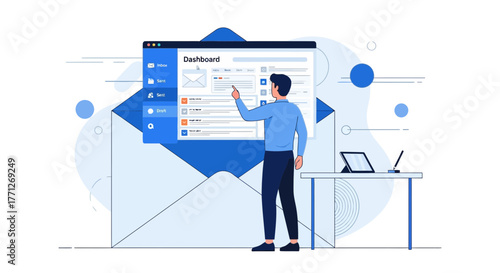 Email Management Illustration: Business Communication, Data Analysis, and Modern Workspace