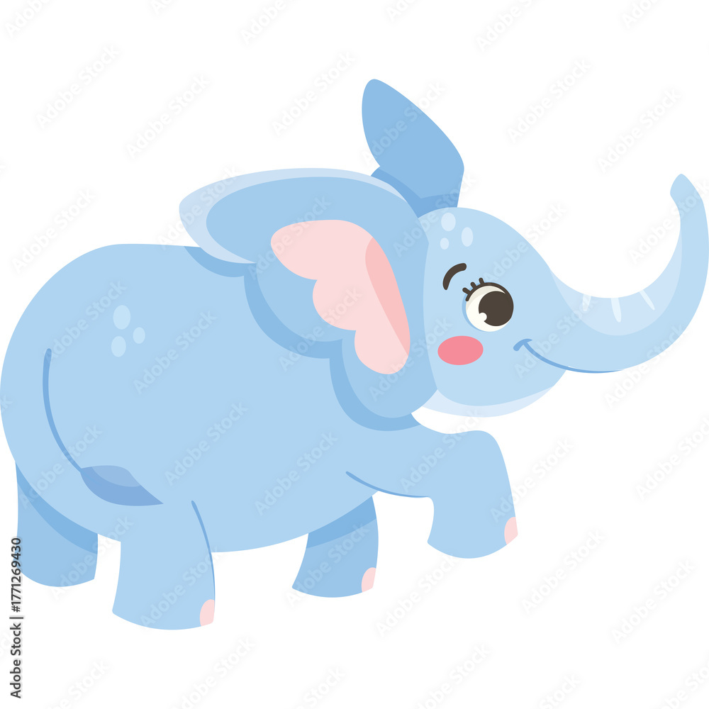 Naklejka premium Cute Light Blue Baby Elephant Walking Forward With Pink Inner Ears And Cheeks And A Curved Trunk In A Side Profile View Against A Transparent Background