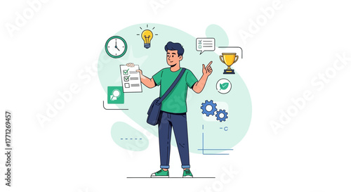 Illustration Of A Person With Checklist And Success Symbols Demonstrating Goal Achievement