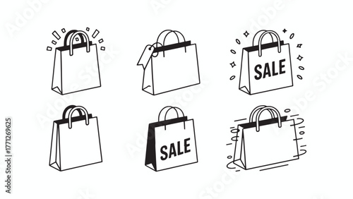 Collection of six handdrawn shopping bag illustrations, featuring various designs and the word sale for retail promotions and advertising campaigns