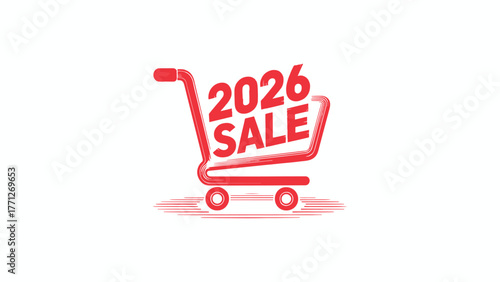 A vibrant red shopping cart illustration with the text 2026 sale inside, , promoting a special offer for the year 2026, perfect for advertising and marketing campaigns