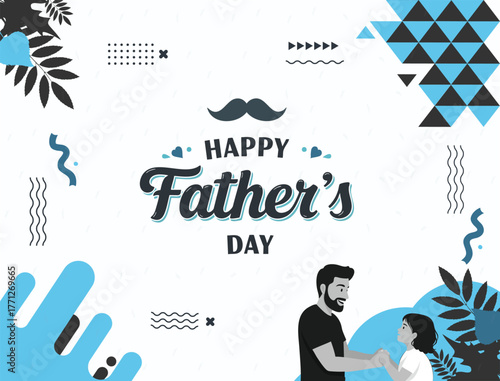 Happy Father’s Day Banner with Father and Daughter Silhouette, Geometric Abstract Shapes, and Blue Minimal Background
