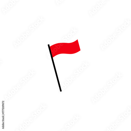 A simple red flag on a black pole against a white background, a symbol of warning or notice