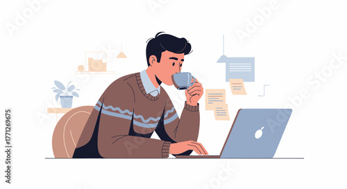 Man Drinks Coffee While Working at Home or At The Office on a Laptop Computer