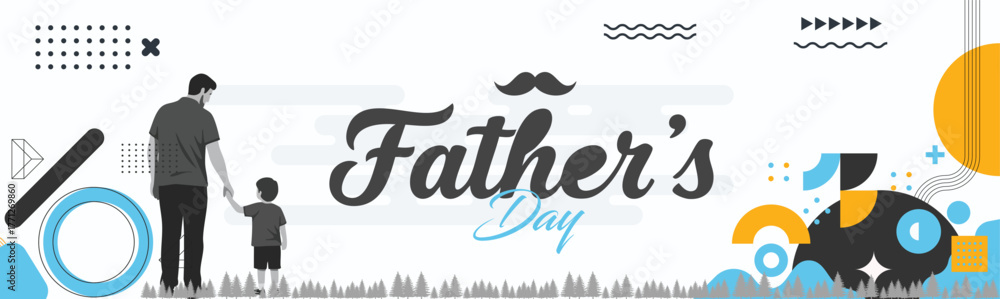 Fototapeta premium Creative Father’s Day Poster with Father and Son Silhouette, Blue Abstract Background, and Modern Typography