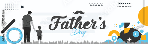 Creative Father’s Day Poster with Father and Son Silhouette, Blue Abstract Background, and Modern Typography