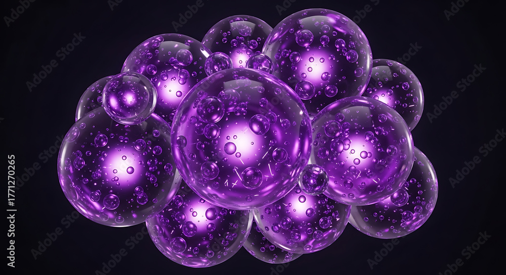 Fototapeta premium Abstract grouping of luminous purple spherical cells or bubbles with internal light sources