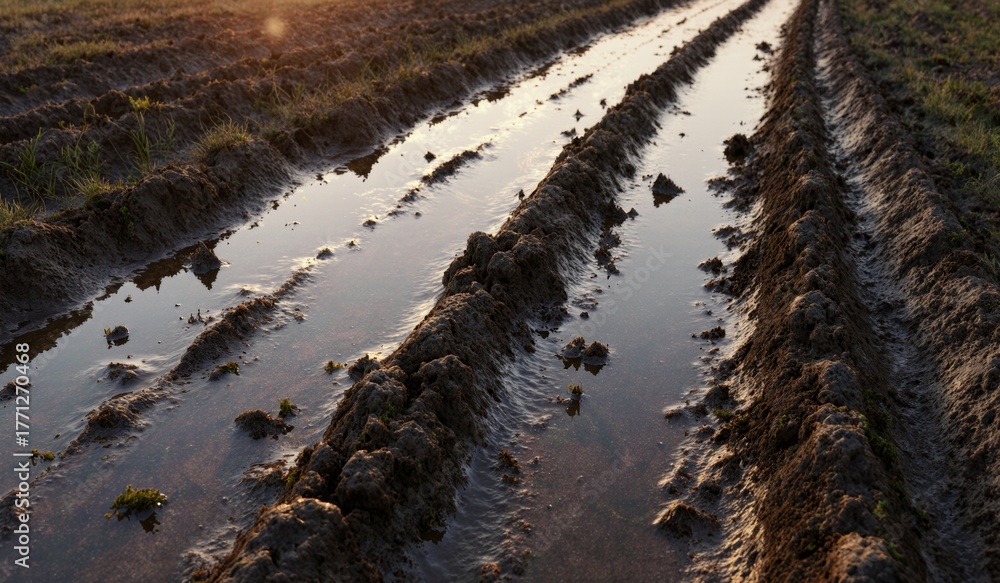 Obraz premium Water marks on a plowed field at dusk