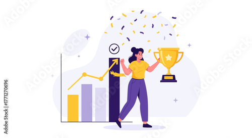 Success In Business Chart Illustrated: A Woman Celebrating Achievement With Trophy