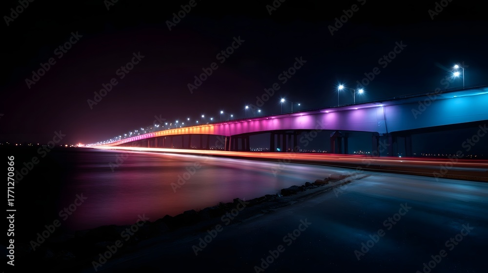 Fototapeta premium A modern bridge illuminated with colorful lights over water at night with light trails