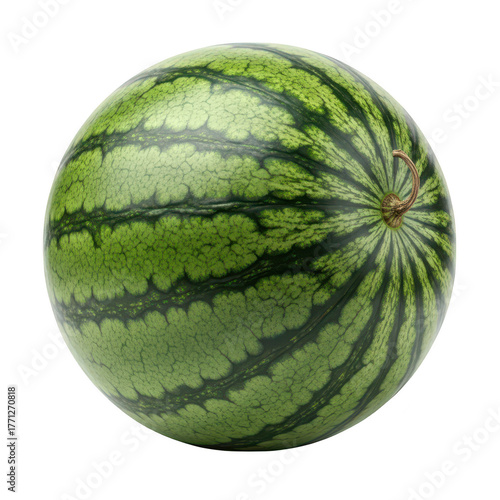 A whole, ripe watermelon with distinctive green stripes, isolated on a transparent background