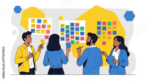 Team Discussing Strategy and Planning With Colorful Sticky Notes on A Whiteboard