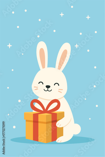 Cute Bunny with Christmas Gifts in Modern Flat Design