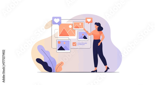 Woman Curating Digital Imagery Displaying Mountainous Landscapes and Heart Symbol Icons