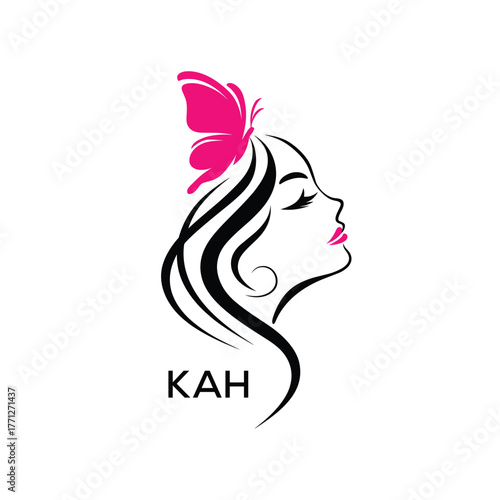 KAH Elegant Beauty Woman Logo. KAH with Butterfly Feminine Salon & Spa Branding. KAH Luxury Beauty Icon Design.
